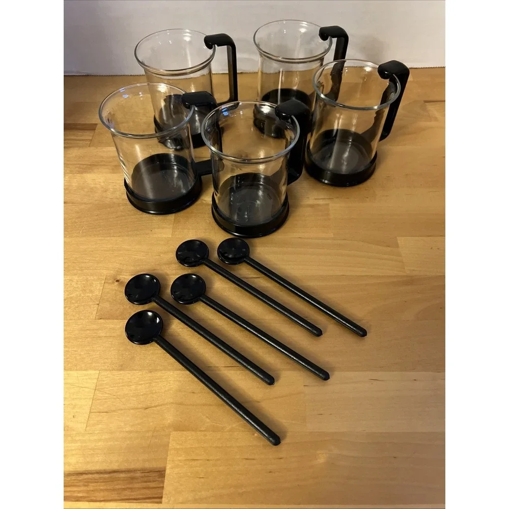 5 bodum Glass Black Handle Mug Coffee Tea Switzerland Snap-On Handle With Spoons